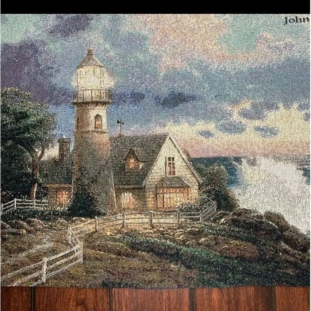 Beautiful Thomas Kinkade Tapestry 33x 26 A Light In The Storm John 8: 12. No Rod